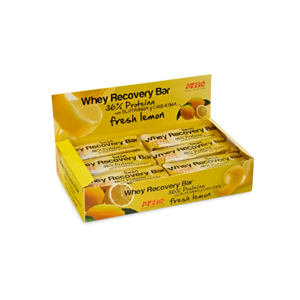 Expositor con 18 barritas whey recovery fresh lemon de Megaplus